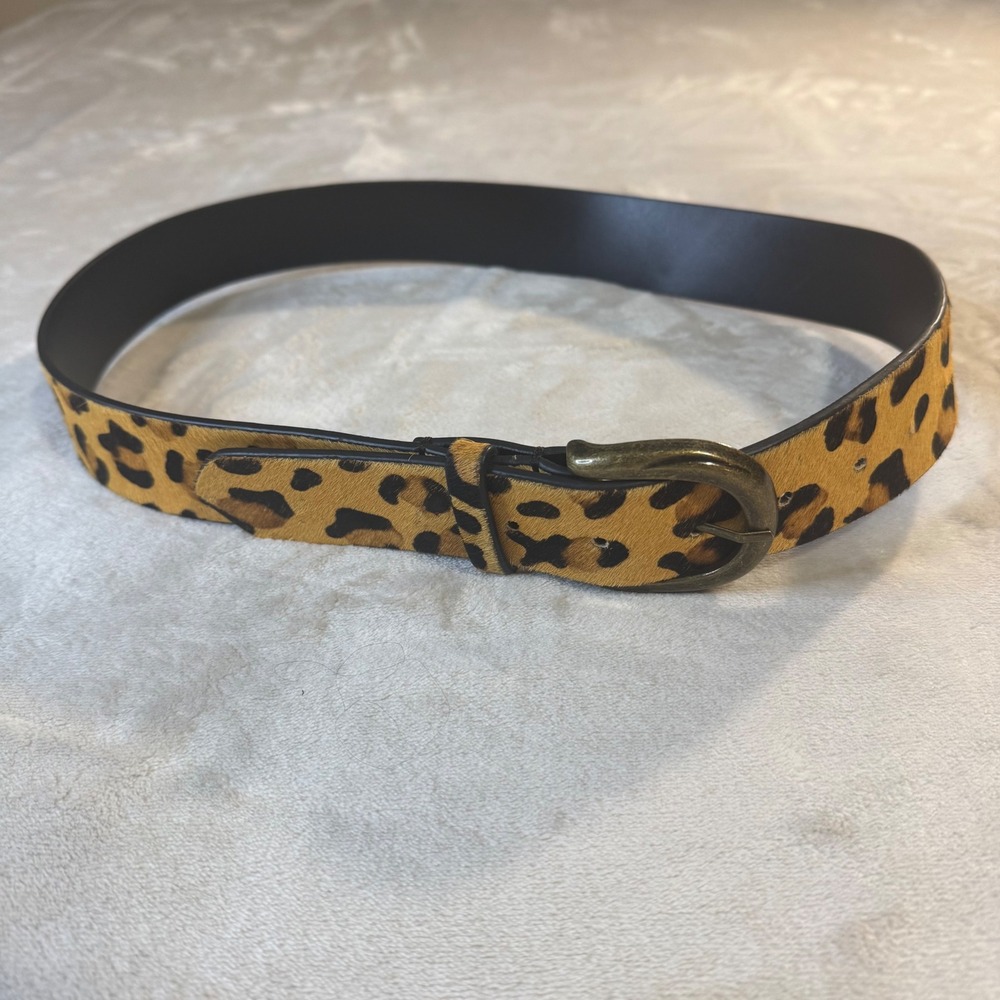 Free People Leopard Print Calf Hair Belt Tan Black Gold Buckle SM